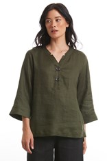 TUNIC NOTCHED NECK 100% LINEN YTMS44561 - khaki